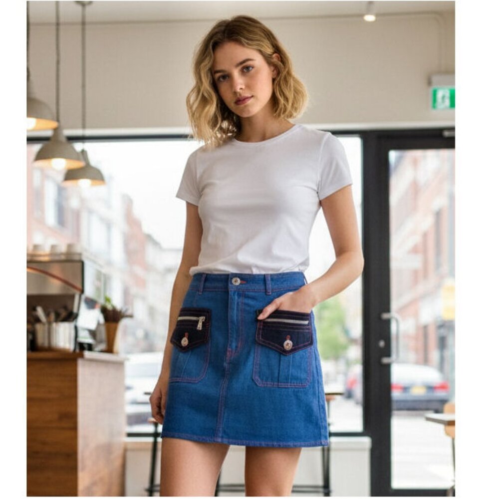 Marc Jacobs Blue Denim & Suede Mini Skirt with Contrast Stitching Womens Size 10